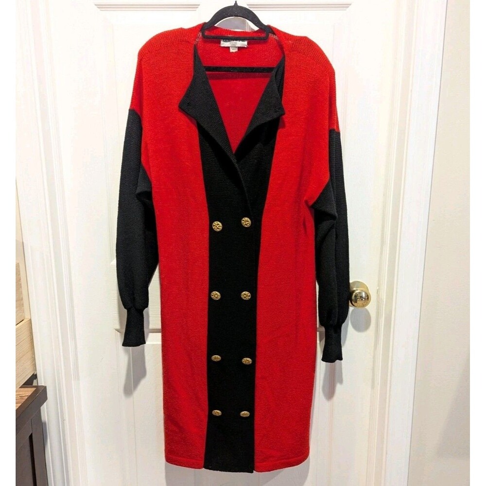 Vintage‎ Red & Black Color Block Double Breasted Long Sleeve Sweater Dress...